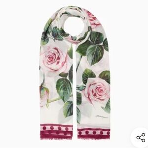 Dolce & Gabbana Floral Tropical Rose Print Cotton Scarf Wrap Pink White